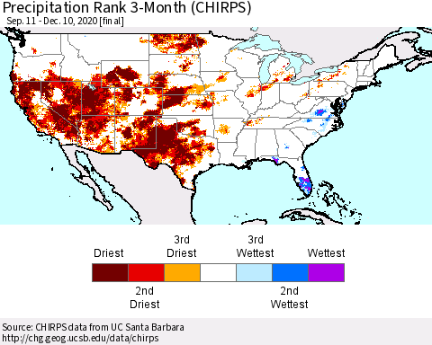 United States Precipitation Rank since 1981, 3-Month (CHIRPS) Thematic Map For 9/11/2020 - 12/10/2020