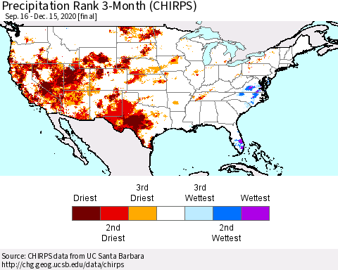 United States Precipitation Rank 3-Month (CHIRPS) Thematic Map For 9/16/2020 - 12/15/2020