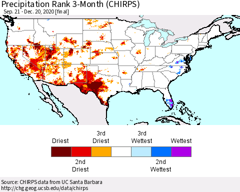 United States Precipitation Rank 3-Month (CHIRPS) Thematic Map For 9/21/2020 - 12/20/2020
