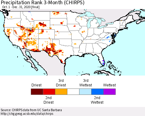 United States Precipitation Rank since 1981, 3-Month (CHIRPS) Thematic Map For 10/1/2020 - 12/31/2020