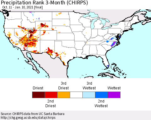 United States Precipitation Rank 3-Month (CHIRPS) Thematic Map For 10/11/2020 - 1/10/2021