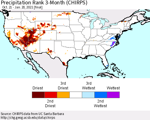 United States Precipitation Rank since 1981, 3-Month (CHIRPS) Thematic Map For 10/21/2020 - 1/20/2021