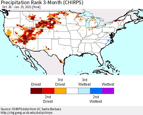 United States Precipitation Rank since 1981, 3-Month (CHIRPS) Thematic Map For 10/26/2020 - 1/25/2021