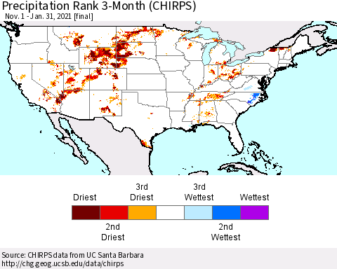 United States Precipitation Rank 3-Month (CHIRPS) Thematic Map For 11/1/2020 - 1/31/2021