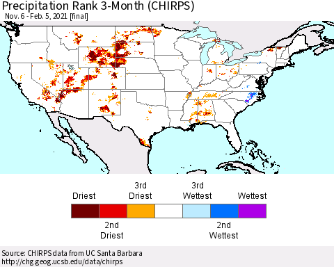 United States Precipitation Rank since 1981, 3-Month (CHIRPS) Thematic Map For 11/6/2020 - 2/5/2021