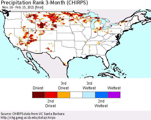 United States Precipitation Rank since 1981, 3-Month (CHIRPS) Thematic Map For 11/16/2020 - 2/15/2021