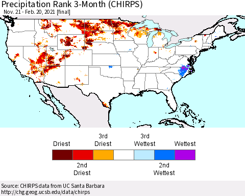 United States Precipitation Rank since 1981, 3-Month (CHIRPS) Thematic Map For 11/21/2020 - 2/20/2021