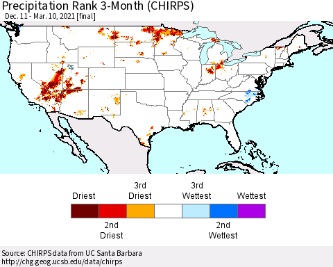 United States Precipitation Rank since 1981, 3-Month (CHIRPS) Thematic Map For 12/11/2020 - 3/10/2021
