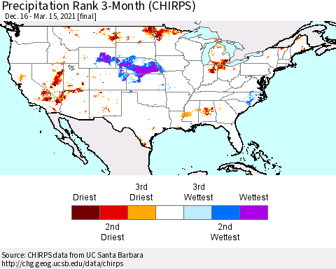 United States Precipitation Rank since 1981, 3-Month (CHIRPS) Thematic Map For 12/16/2020 - 3/15/2021