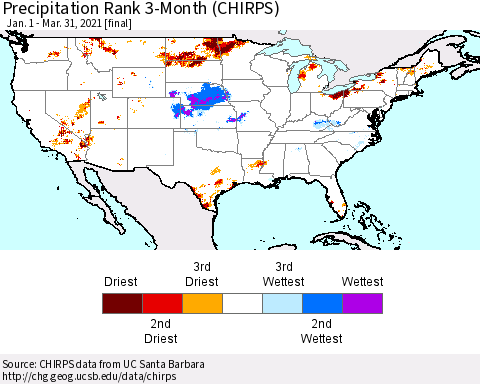 United States Precipitation Rank 3-Month (CHIRPS) Thematic Map For 1/1/2021 - 3/31/2021
