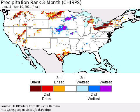 United States Precipitation Rank since 1981, 3-Month (CHIRPS) Thematic Map For 1/11/2021 - 4/10/2021