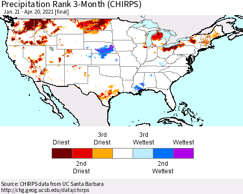 United States Precipitation Rank 3-Month (CHIRPS) Thematic Map For 1/21/2021 - 4/20/2021