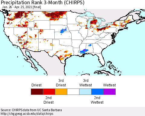United States Precipitation Rank since 1981, 3-Month (CHIRPS) Thematic Map For 1/26/2021 - 4/25/2021