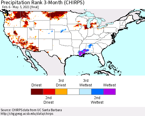 United States Precipitation Rank 3-Month (CHIRPS) Thematic Map For 2/6/2021 - 5/5/2021