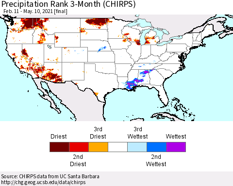 United States Precipitation Rank since 1981, 3-Month (CHIRPS) Thematic Map For 2/11/2021 - 5/10/2021