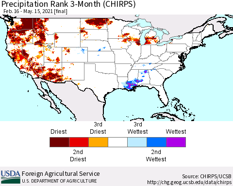 United States Precipitation Rank 3-Month (CHIRPS) Thematic Map For 2/16/2021 - 5/15/2021