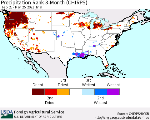 United States Precipitation Rank since 1981, 3-Month (CHIRPS) Thematic Map For 2/26/2021 - 5/25/2021