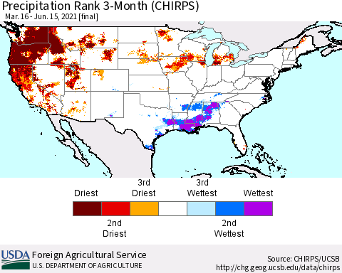 United States Precipitation Rank since 1981, 3-Month (CHIRPS) Thematic Map For 3/16/2021 - 6/15/2021