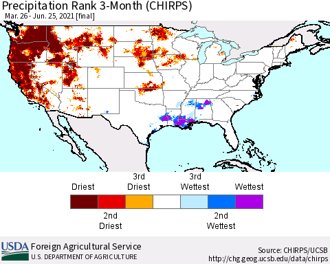 United States Precipitation Rank since 1981, 3-Month (CHIRPS) Thematic Map For 3/26/2021 - 6/25/2021