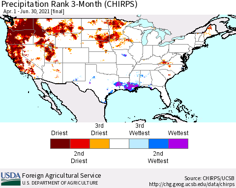 United States Precipitation Rank since 1981, 3-Month (CHIRPS) Thematic Map For 4/1/2021 - 6/30/2021