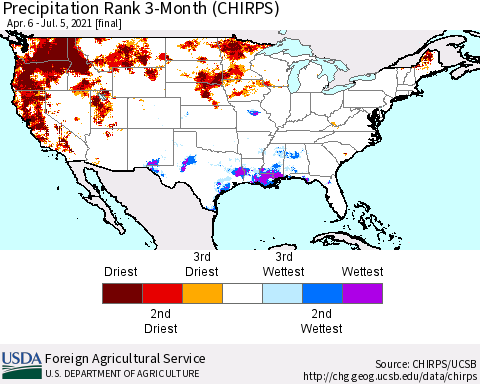 United States Precipitation Rank 3-Month (CHIRPS) Thematic Map For 4/6/2021 - 7/5/2021