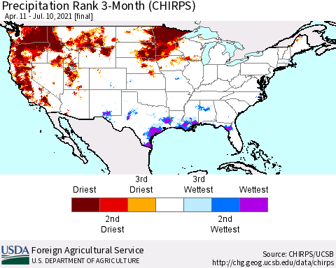 United States Precipitation Rank since 1981, 3-Month (CHIRPS) Thematic Map For 4/11/2021 - 7/10/2021