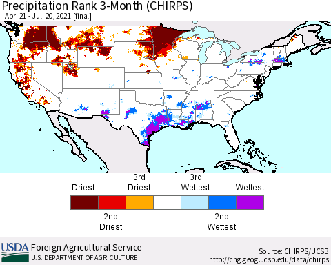 United States Precipitation Rank 3-Month (CHIRPS) Thematic Map For 4/21/2021 - 7/20/2021