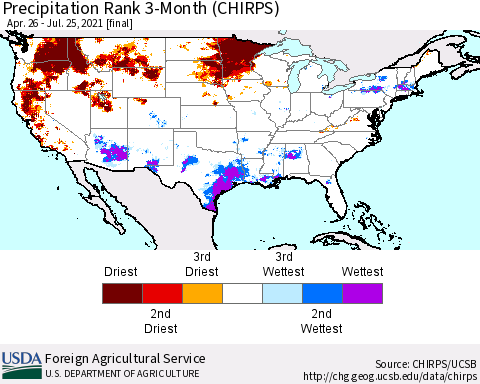 United States Precipitation Rank since 1981, 3-Month (CHIRPS) Thematic Map For 4/26/2021 - 7/25/2021