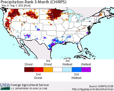 United States Precipitation Rank since 1981, 3-Month (CHIRPS) Thematic Map For 5/6/2021 - 8/5/2021