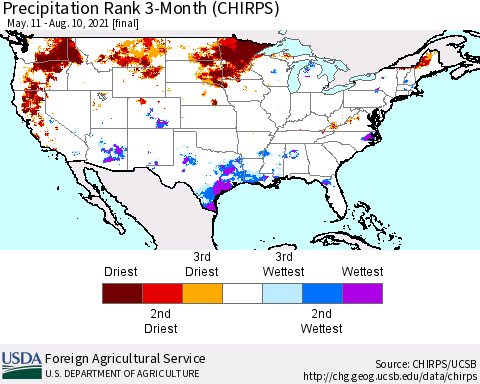 United States Precipitation Rank since 1981, 3-Month (CHIRPS) Thematic Map For 5/11/2021 - 8/10/2021