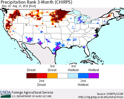 United States Precipitation Rank since 1981, 3-Month (CHIRPS) Thematic Map For 5/16/2021 - 8/15/2021
