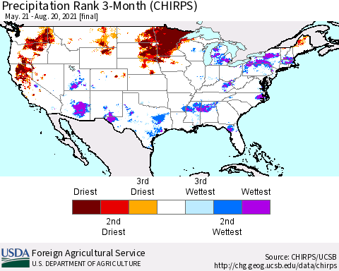 United States Precipitation Rank since 1981, 3-Month (CHIRPS) Thematic Map For 5/21/2021 - 8/20/2021