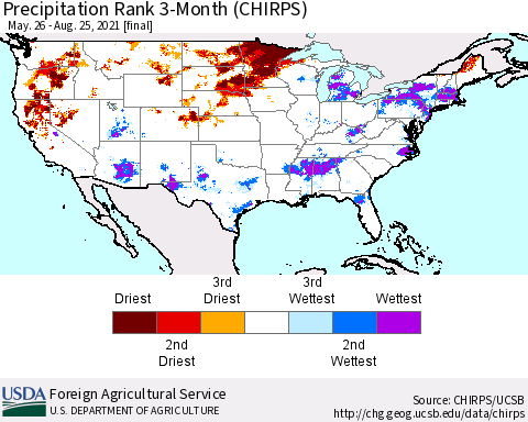 United States Precipitation Rank since 1981, 3-Month (CHIRPS) Thematic Map For 5/26/2021 - 8/25/2021