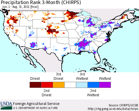 United States Precipitation Rank since 1981, 3-Month (CHIRPS) Thematic Map For 6/1/2021 - 8/31/2021