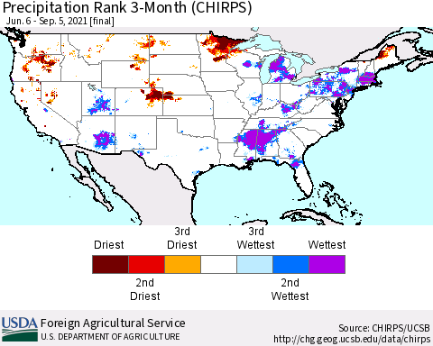 United States Precipitation Rank since 1981, 3-Month (CHIRPS) Thematic Map For 6/6/2021 - 9/5/2021
