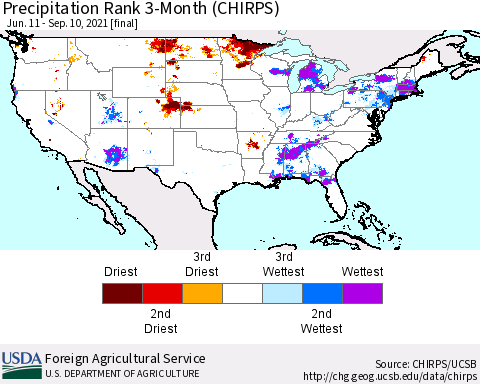 United States Precipitation Rank 3-Month (CHIRPS) Thematic Map For 6/11/2021 - 9/10/2021