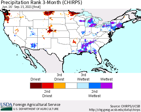 United States Precipitation Rank since 1981, 3-Month (CHIRPS) Thematic Map For 6/16/2021 - 9/15/2021