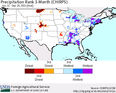 United States Precipitation Rank since 1981, 3-Month (CHIRPS) Thematic Map For 6/21/2021 - 9/20/2021