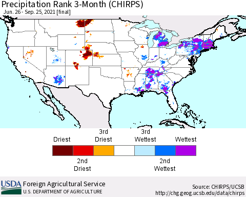 United States Precipitation Rank since 1981, 3-Month (CHIRPS) Thematic Map For 6/26/2021 - 9/25/2021