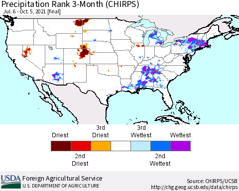 United States Precipitation Rank 3-Month (CHIRPS) Thematic Map For 7/6/2021 - 10/5/2021