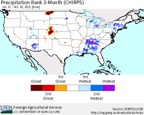 United States Precipitation Rank since 1981, 3-Month (CHIRPS) Thematic Map For 7/11/2021 - 10/10/2021