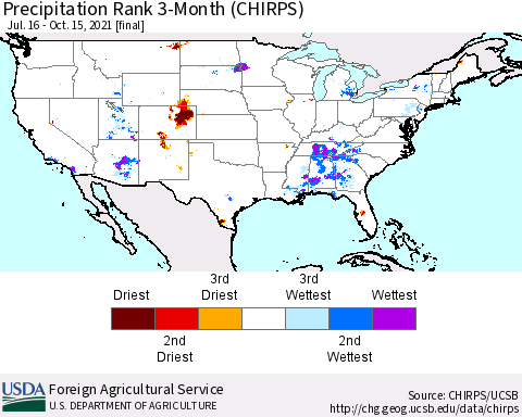 United States Precipitation Rank 3-Month (CHIRPS) Thematic Map For 7/16/2021 - 10/15/2021