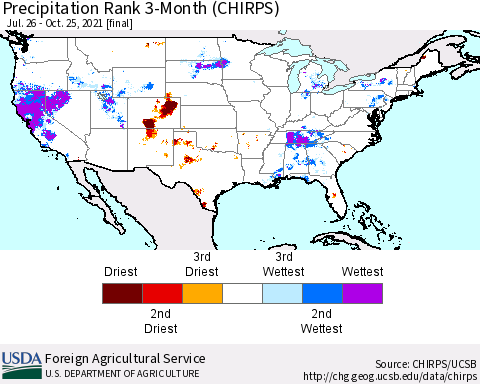 United States Precipitation Rank since 1981, 3-Month (CHIRPS) Thematic Map For 7/26/2021 - 10/25/2021