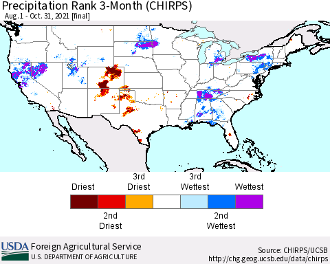 United States Precipitation Rank since 1981, 3-Month (CHIRPS) Thematic Map For 8/1/2021 - 10/31/2021
