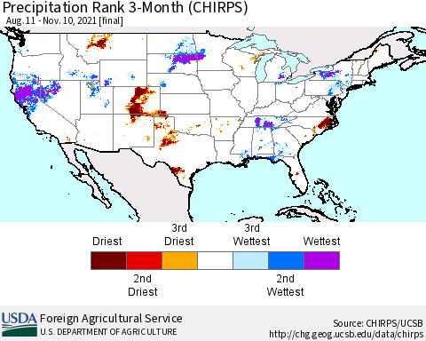 United States Precipitation Rank 3-Month (CHIRPS) Thematic Map For 8/11/2021 - 11/10/2021