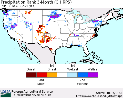 United States Precipitation Rank since 1981, 3-Month (CHIRPS) Thematic Map For 8/16/2021 - 11/15/2021