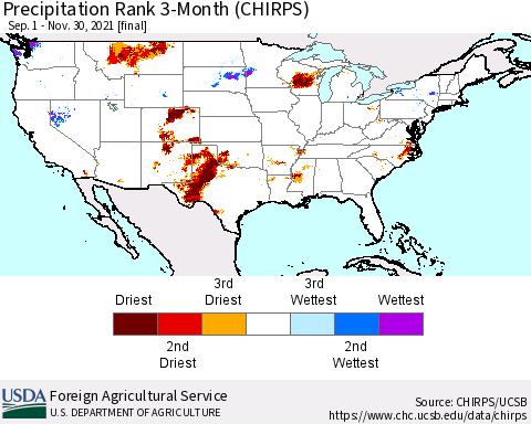 United States Precipitation Rank 3-Month (CHIRPS) Thematic Map For 9/1/2021 - 11/30/2021