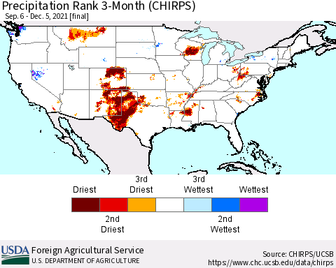United States Precipitation Rank since 1981, 3-Month (CHIRPS) Thematic Map For 9/6/2021 - 12/5/2021
