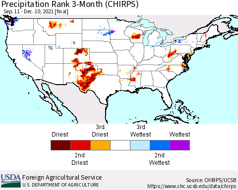 United States Precipitation Rank since 1981, 3-Month (CHIRPS) Thematic Map For 9/11/2021 - 12/10/2021
