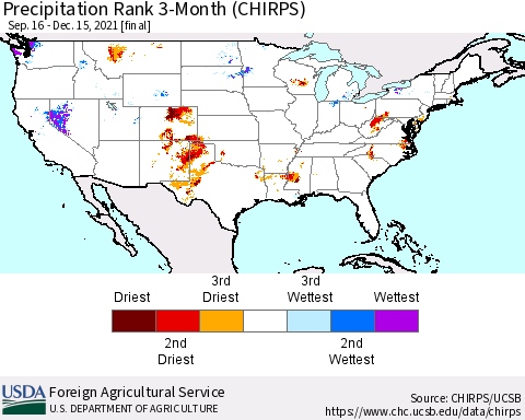 United States Precipitation Rank since 1981, 3-Month (CHIRPS) Thematic Map For 9/16/2021 - 12/15/2021